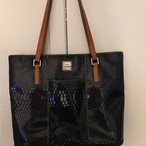 Black Snake-Effect Tote with Tan Shoulder Straps